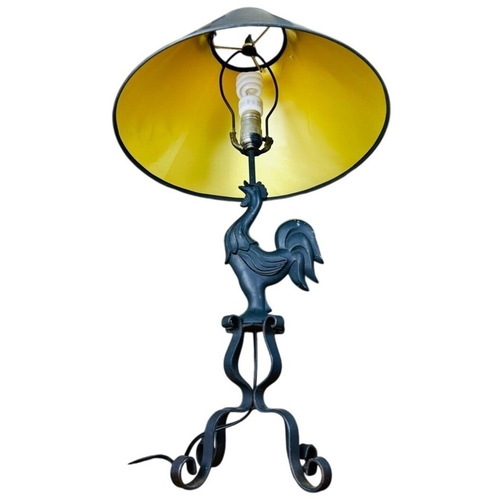 Wrought Iron Rooster Lamp French Country w/‎ Original Black Gold Shade Farmhouse - Picture 1 of 11